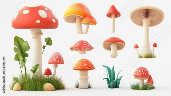 Fototapeta PNG mushroom collection of 3D icons and objects, minimalist cartoon style on clear, white background, isolate