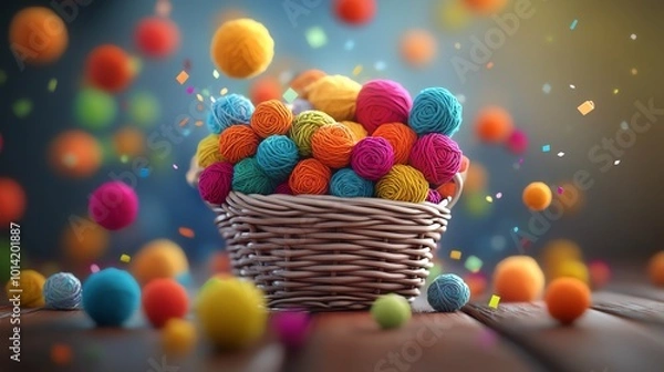 Fototapeta A basket overflowing with vivid yarn balls, rustic wooden floor, cozy and artistic atmosphere, warm lighting and soft textures