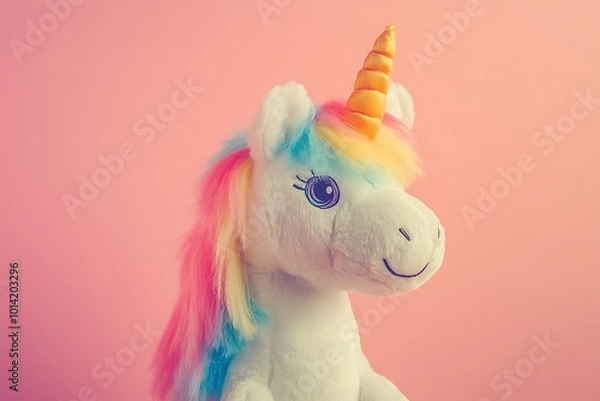 Fototapeta Close-up of a Plush Unicorn with Rainbow Mane and Yellow Horn on a Pink Background
