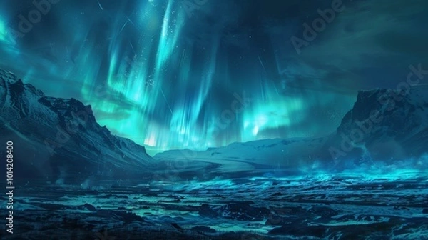Fototapeta Mesmerizing Aurora Borealis Lights Reflecting on Frozen Lake in Snowy Mountain Landscape