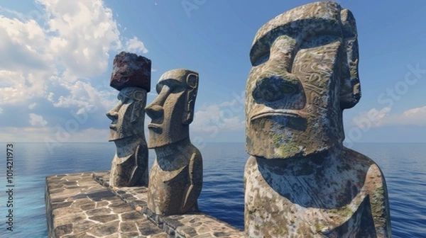 Fototapeta Mysterious Moai Statues on Remote Easter Island Overlooking the Pacific Ocean