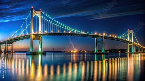 Fototapeta A medium shot of the Claiborne Pell Bridge in the background at night in Newport Rhode Island showcasing the elegant structure illuminated against the dark sky, Newport Bridge, bay