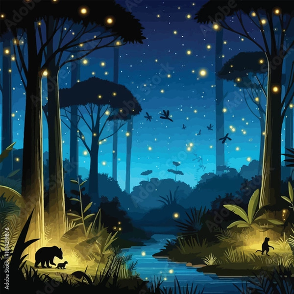 Obraz nighttime jungle scene illuminated by fireflies illustration 