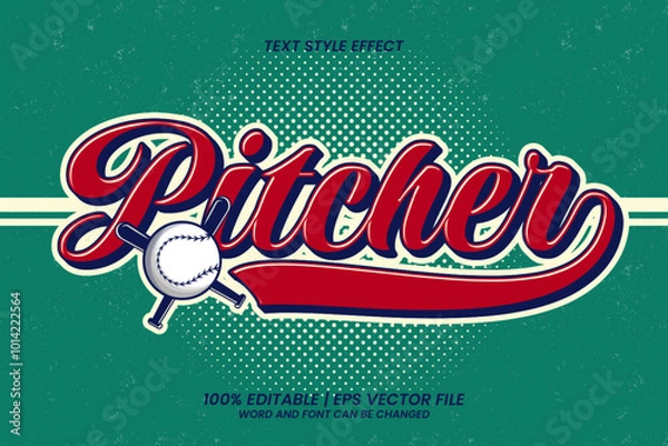 Obraz Pitcher Baseball Text Effect Editable Cartoon Vintage Style