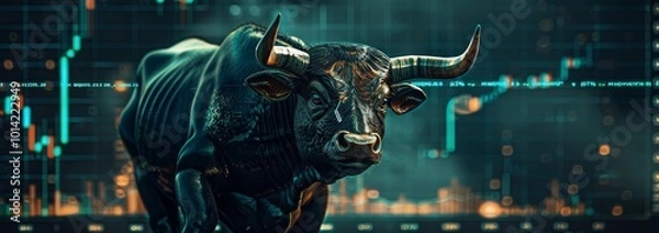 Fototapeta Bull in a green suit celebrating in front of a stock market graph, symbolizing financial success and optimism in a realistic photography style.