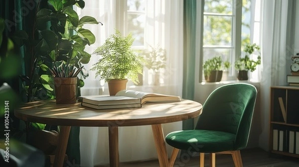Obraz Round Wooden Table with Books, Plants, and Green Chair in Bright Dining Room