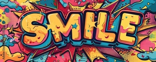 Fototapeta Colorful pop art background with "SMILE" text. Electric theme, Bold graphics, Dynamic vector background