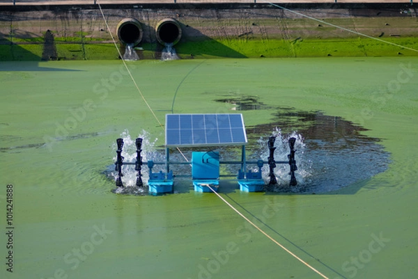 Fototapeta Wastewater treatment using water turbine powered by solar panel front view 