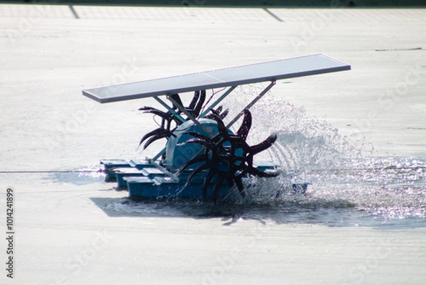 Fototapeta Wastewater treatment using water turbine powered by solar panel Side view 