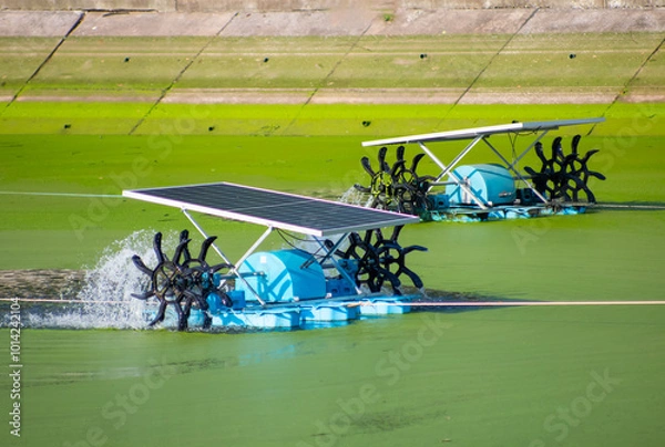 Fototapeta Wastewater treatment using water turbine powered by solar panel