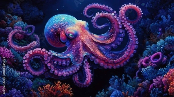 Fototapeta Iridescent octopus gracefully gliding through vibrant coral reefs in a mesmerizing underwater paradise