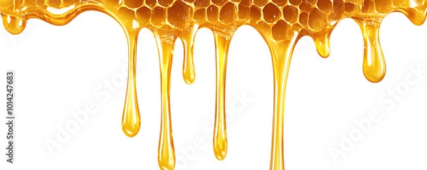 Fototapeta Dripping golden sweet honey flowing down the frame from the top over white and transparent background. PNG