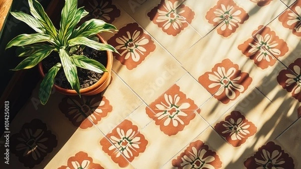 Fototapeta Top view of a modern, patterned tile floor with a sleek finish and geometric shapes, perfect for contemporary design.