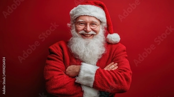 Fototapeta Photo of handsome good mood santa claus wear suit arms crossed enjoying xmas emtpy space isolated red color background