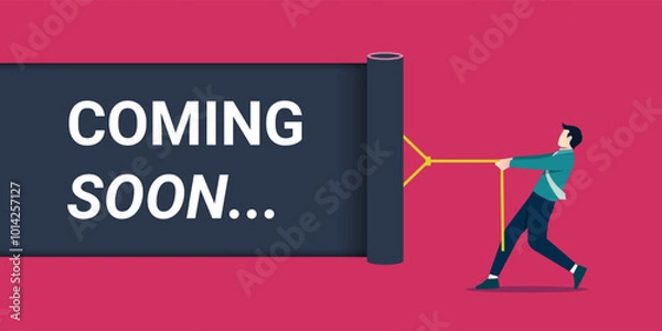 Fototapeta Coming soon message written on ripped black paper background, revealing text of coming soon concept