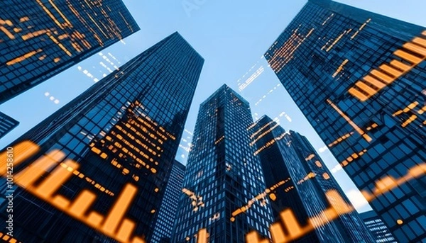 Fototapeta A modern cityscape featuring tall glass skyscrapers under a bright blue sky, with graphic overlays of data visualizations.