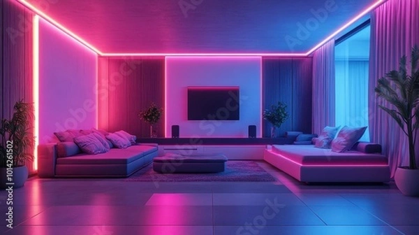 Fototapeta Cyber living room with neon light and reflections, futuristic interior designed with high technology and luxury style.
