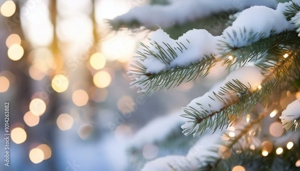Fototapeta Snowy pine branch with lights