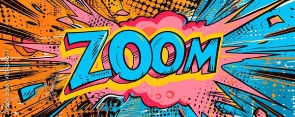 Fototapeta Colorful pop art background with "ZOOM" inside. Comic book style, Explosion theme, Vibrant vector
