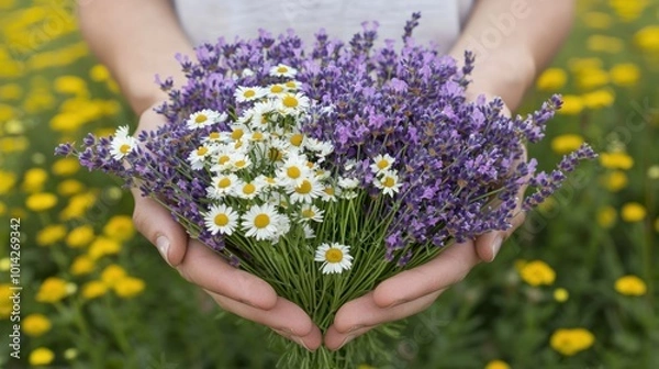 Fototapeta Serene Healing Hands with Lavender and Chamomile - 3D Botanical Illustration for Natural Plant-Based Therapy and Wellness