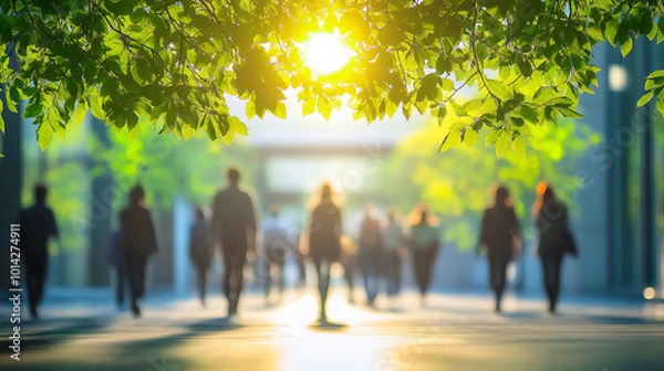 Fototapeta Blurred background of people walking in the street with green trees and sunlight.