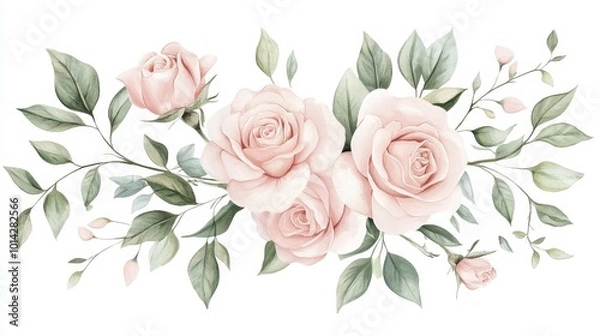 Fototapeta Delicate Watercolor Vector of Pale Pink Roses and Soft Green Branches on White Background