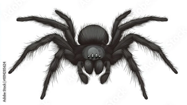 Obraz Black spider with eight legs, hairy body, and eight eyes isolated on white background.