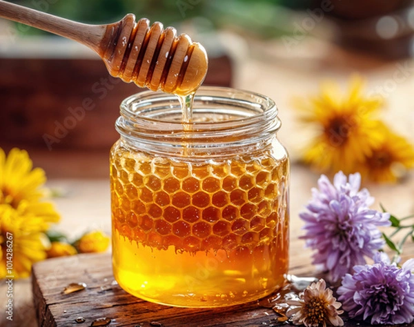 Fototapeta Honey dripping from wooden honey dipper into jar on table