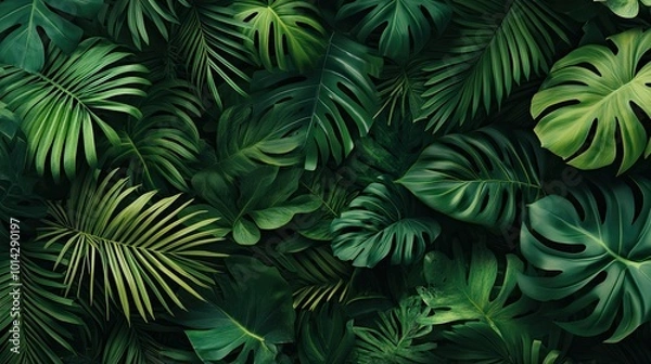 Fototapeta Lush green tropical leaves arranged in a seamless pattern, creating a vibrant and natural background.