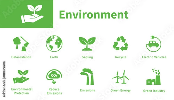 Fototapeta Environment icon. Set of solid vector symbols with the theme of ecology, environmental protection, earth, green industry, electric vehicles, forests.