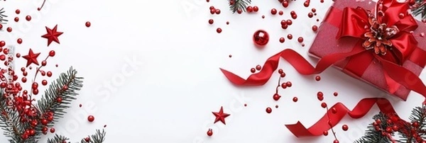 Fototapeta A bright red Christmas ribbon is placed on a clean white background. The realistic and beautiful presentation emphasizes the contrast of red, which conveys the joy and celebration of Christmas.