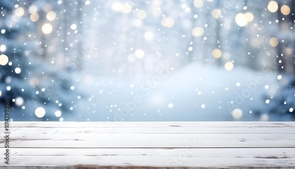 Fototapeta Empty Wooden table with bokeh background of snowy winter season. Generative ai