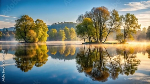 Obraz Softly lit misty morning reflections of trees on the lake's glassy surface, with subtle ripples and a few floating leaves.