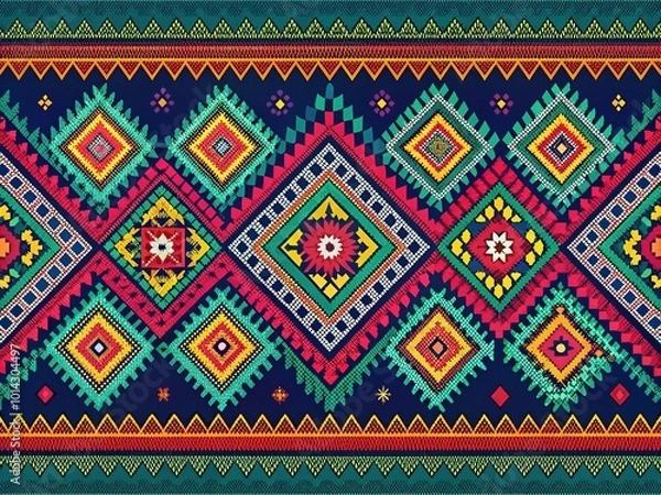 Fototapeta Geometric Ikat Pattern Border - Modern Indian Textile Design for Aerial Photography