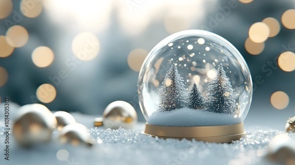 Fototapeta White and gold ornaments shining around an empty snow globe holiday scene