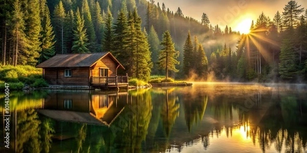 Fototapeta Rustic cabin positioned at the edge of a serene lake, with the sun's warm rays casting a rippling reflection, surrounded by tall trees and lush greenery.