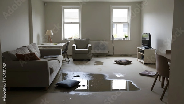 Fototapeta modern home living room flood flooding water leakage leak incident accident furniture wet damaged insurance overflow storm heavy rain damage destroy destruction natural disaster
