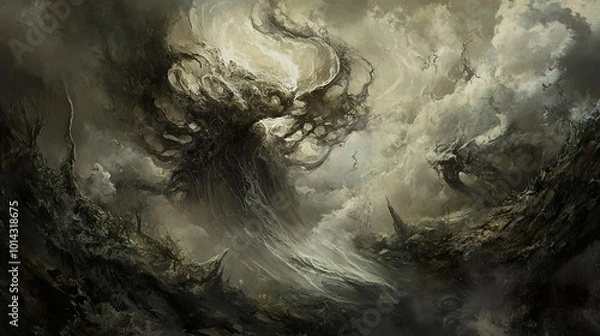 Fototapeta Dark Fantasy Forest Landscape: A Twisted Tree in a Foggy Sky