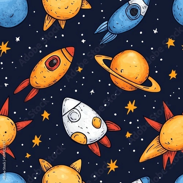 Fototapeta Hand-drawn space pattern with rockets, planets, and stars.