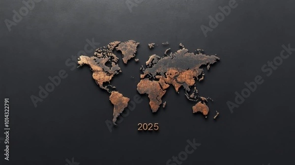 Obraz Wooden World Map with Metallic Texture on Dark Background Highlighting Globalization Trends for 2025 in Stock Photography