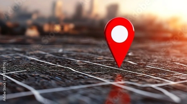 Obraz Red pin point on a map, symbolizing a location address and navigation for travelers..