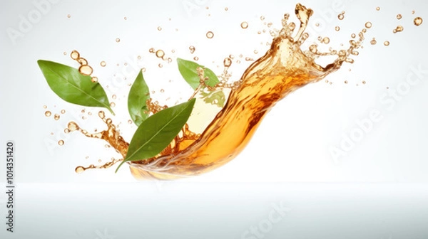 Fototapeta Refreshing tea splash with green leaves and water droplets.