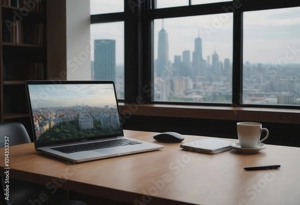 Fototapeta A laptop is open on a wooden desk in front of a window