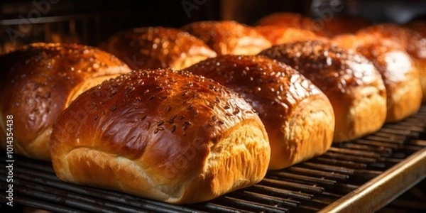 Fototapeta Freshly Baked Loaves of Bread Cooling on a Wire Rack After Baking in an Oven