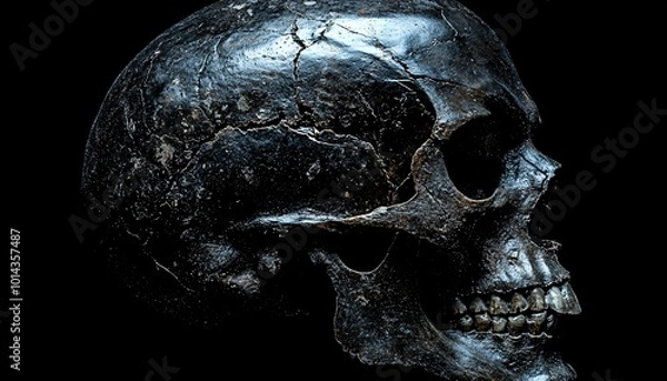 Fototapeta Detailed Side View of Human Skull Showing Cranial Structure and Facial Features on Black Background