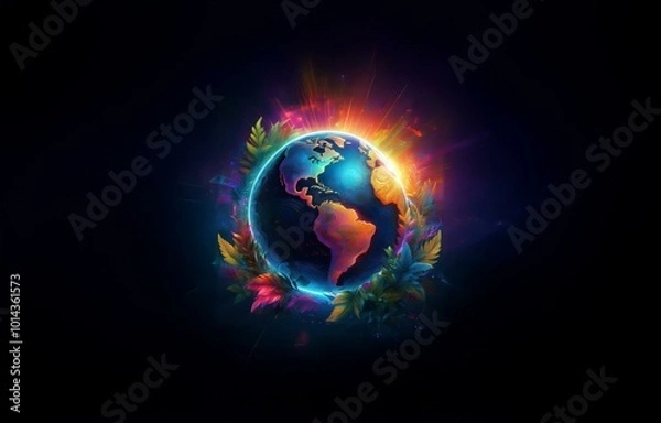 Fototapeta A glowing, stylized globe with abstract, colored leaves surrounding it.