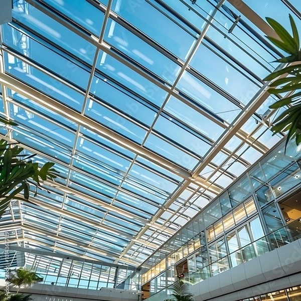 Fototapeta Interior of a modern office building with glass roof and blue sky