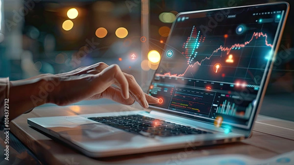 Fototapeta Close up of hands working on a laptop with a stock market chart on screen.