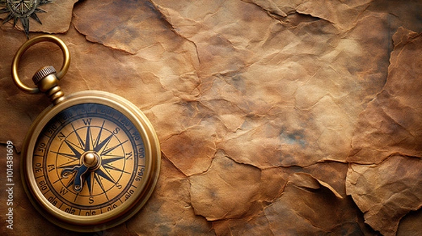 Fototapeta Vintage compass with a background of ancient maps, with blank space on the right for text	