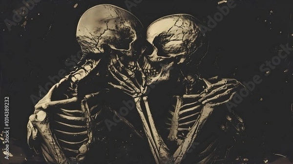 Obraz Skeletal Lovers in Passionate Embrace Muted Sepia Tones Moody Chiaroscuro Lighting